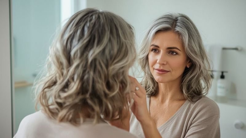 Woman over 60 with silver shoulder-length hair looking in the mirror and adjusting her hairstyle.