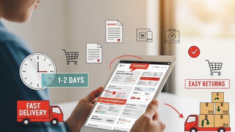 What Is the Purpose of Comparison Shopping? Key Benefits Shopper comparing shipping speed, delivery time, and return policy on a tablet while shopping online.
