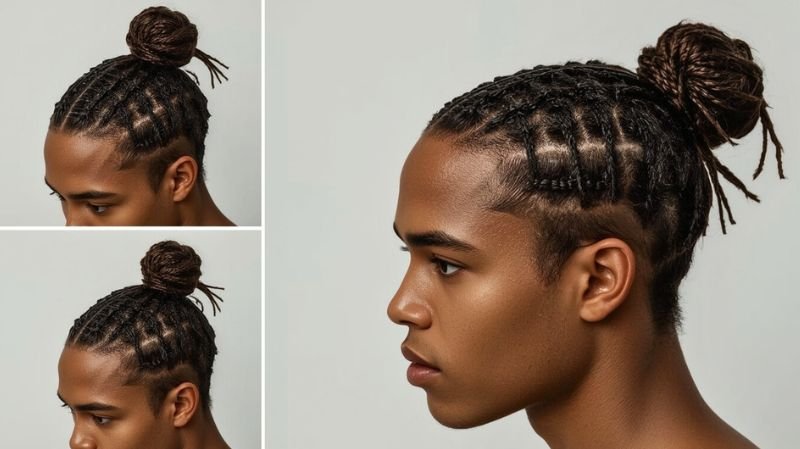 Man with cornrows styled into a high bun hairstyle.
