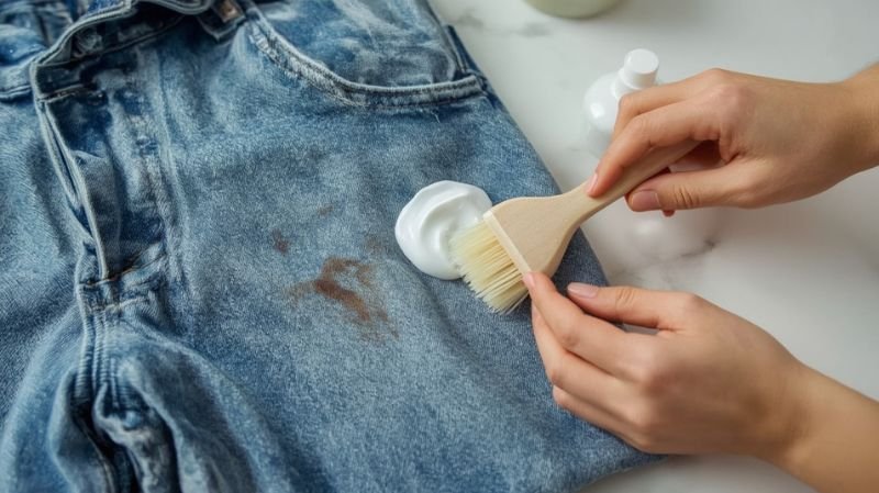 How to Get Foundation Makeup Out of Clothes? Removing foundation stain from denim jeans using brush and cleaning solution.