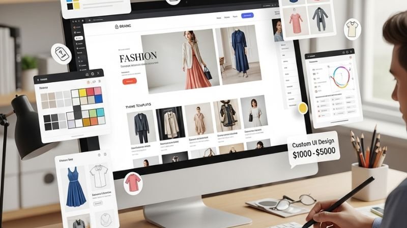 How Much Does a Shopping Cart Cost for Fashion Retailers? Fashion eCommerce website UI design and customization on desktop showing premium theme styling and custom UX layout for online clothing store.
