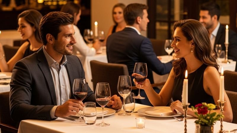 Couple dressed in elegant evening attire enjoying dinner at an upscale steakhouse demonstrating the Fogo de Chão dinner dress code.