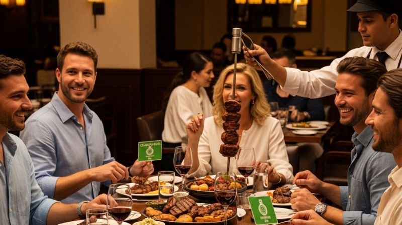 Guests enjoying the churrasco dining experience at Fogo de Chão steakhouse with a server carving grilled meat at the table while diners hold the green service card.