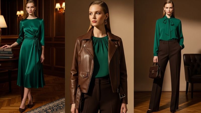 Does Green and Brown Go Together for Outfits? Elegant outfits in Emerald Green and Dark Brown featuring dress, blouse, and leather jacket styled for a chic modern look