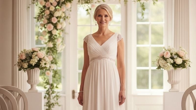 Mature bride in elegant white wedding dress standing in floral indoor wedding venue