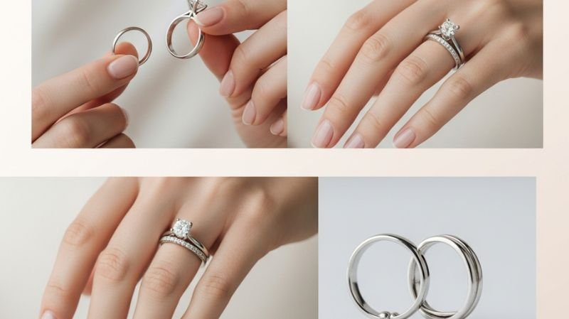 How do you Wear an Engagement Ring and Wedding Band? Close-up of engagement ring and wedding band on hand with diamond rings comparison