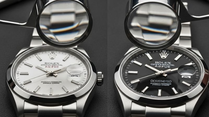 Comparison of two luxury wristwatches showing dial details and magnified logo markings to identify authentic vs counterfeit watch quality.