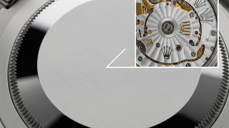 Close-up of brushed stainless steel caseback on a Rolex watch with inset view of the internal Rolex automatic movement.