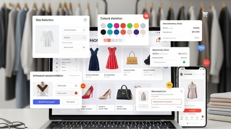 How Much Does a Shopping Cart Cost for Fashion Retailers? Fashion eCommerce shopping cart features showing size selection, color variations, AI product recommendations, and mobile checkout interface.