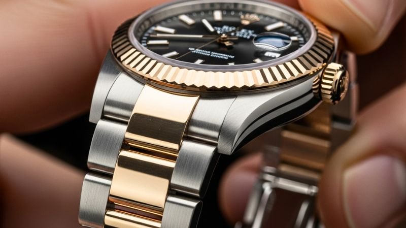 Close-up of two-tone luxury watch bracelet and case showing premium metal weight and craftsmanship.