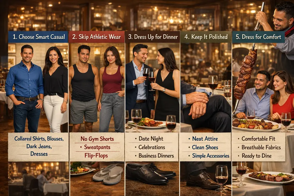 Fogo de Chão dress code guide showing smart casual outfits for men and women dining at a Brazilian steakhouse.
