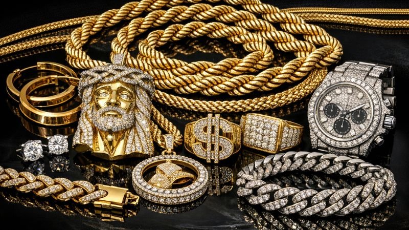 Gold Rope Chains and Jewelry including diamond-studded Jesus piece, bracelets, rings, and luxury watches in hip hop style.