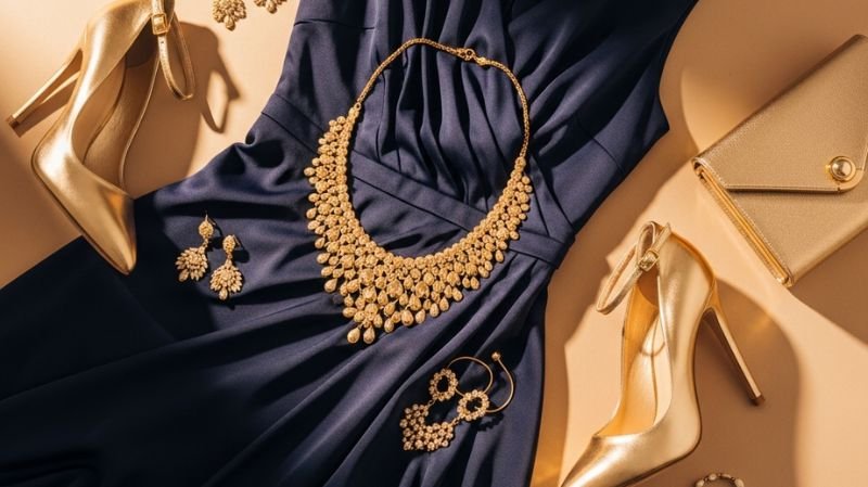 What Color Shoes to Wear With a Navy Dress? Navy blue dress styled with gold heels and matching jewelry for a warm and glamorous look