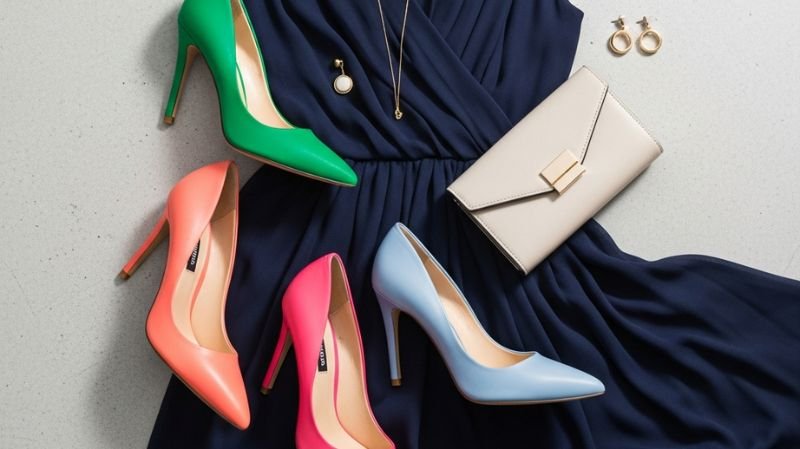 What Color Shoes to Wear With a Navy Dress? Green, Pink & Unexpected Colors (Fashion-Forward Choices) heels styled with a navy dress, featuring bold colorful pumps and elegant accessories.