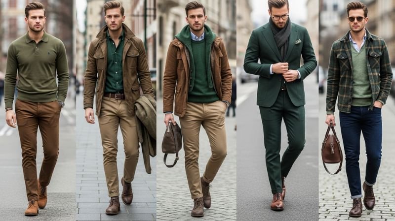 Does Green and Brown Go Together for Outfits? Stylish green and brown outfit ideas for men featuring casual, smart casual, and formal looks on a city street