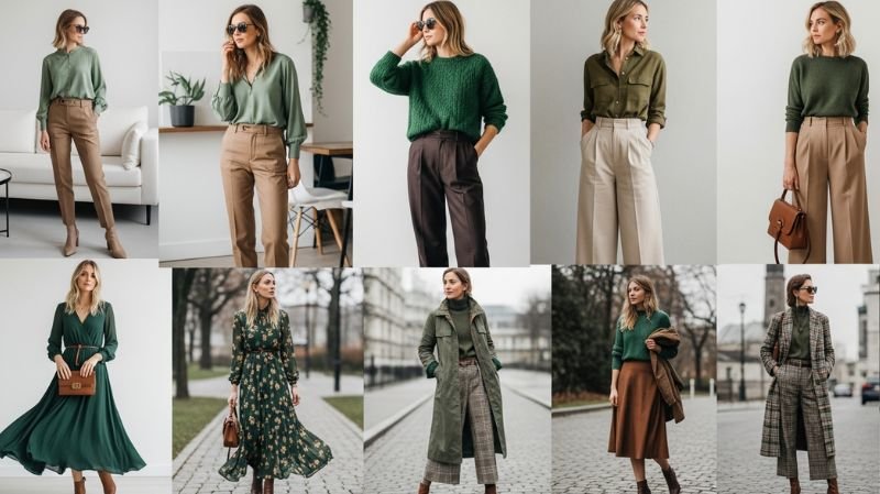 Does Green and Brown Go Together for Outfits? Green and Brown Outfit Ideas for Women with chic dresses, blouses, and trousers styled for a modern streetwear look