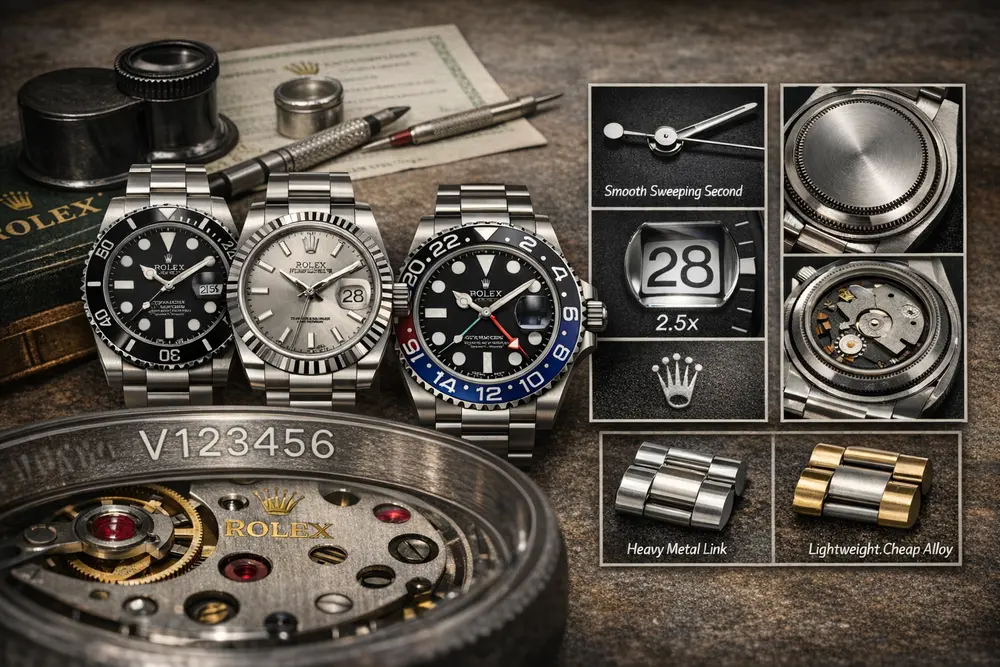 Real vs fake Rolex watch comparison showing Submariner, Datejust, and GMT-Master II with details like Cyclops magnification, serial engraving, and mechanical movement.