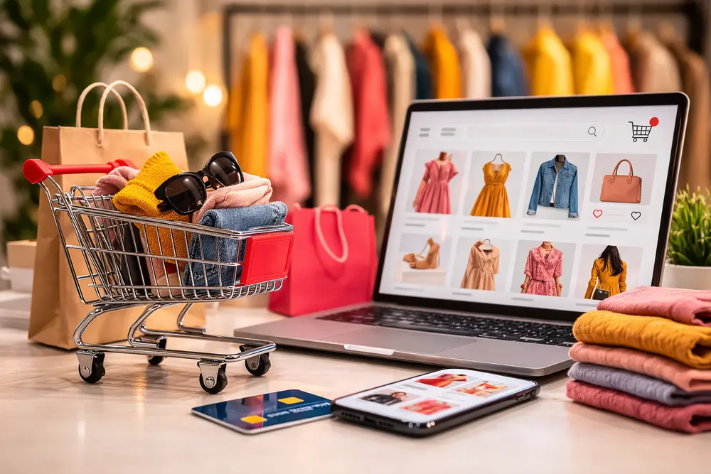 How Much Does a Shopping Cart Cost for Fashion Retailers? Fashion eCommerce shopping cart concept with laptop online clothing store, smartphone shopping app, and mini cart with clothes on desk.