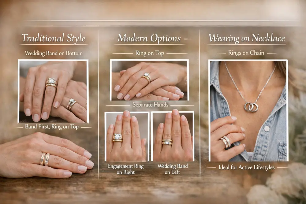 How do you Wear an Engagement Ring and Wedding Band? Engagement Ring and Wedding Band wearing styles guide showing traditional stacking, modern options, and necklace wear