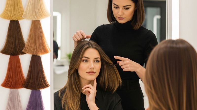 Stylist consulting client on how to choose the right summer hair color in salon