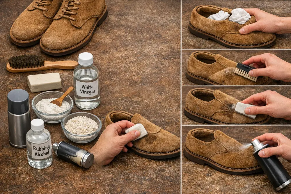 How to clean suede shoes step by step with brush, eraser, vinegar, and spray for removing stains and restoring texture