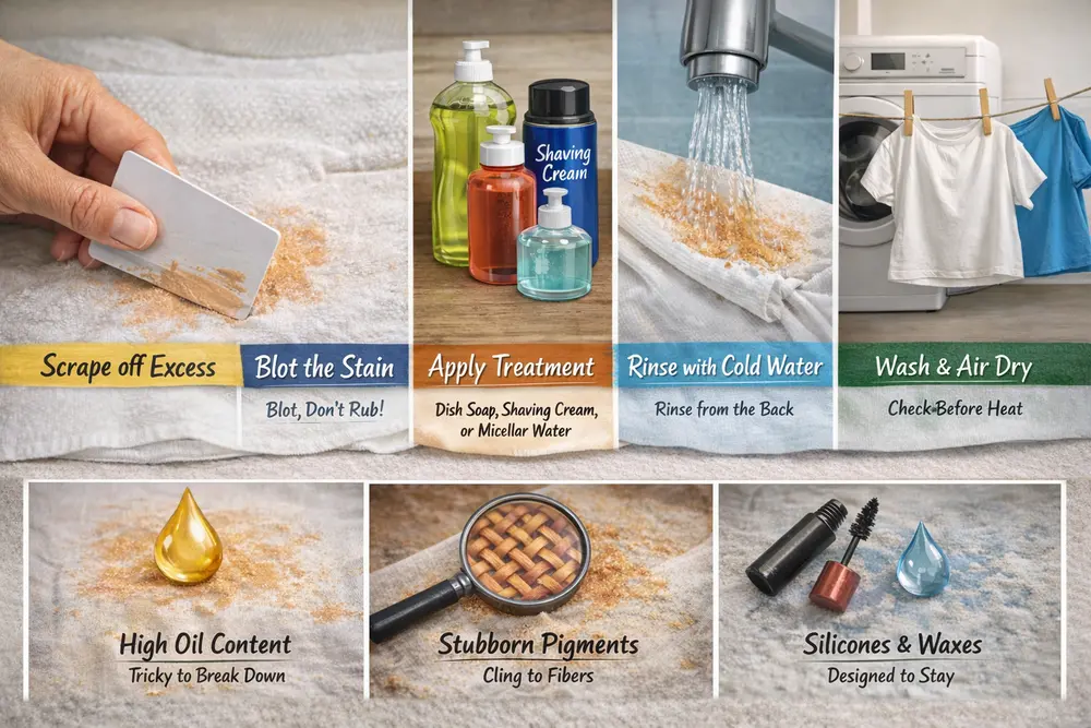 Guide to removing foundation Makeup from clothes with real-life steps and tips.