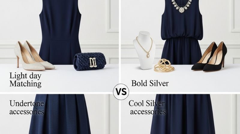 How to Accessorize a Navy Blue Dress for a Wedding (Shoes, Jewelry & More) Style a Navy Blue Dress with neutral daytime accessories vs bold silver jewelry and black heels for an elegant evening look