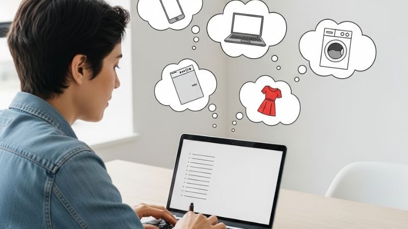 What Is the Purpose of Comparison Shopping? Key Benefits Person researching products on a laptop while comparing items like phone, laptop, dress, and washing machine online.