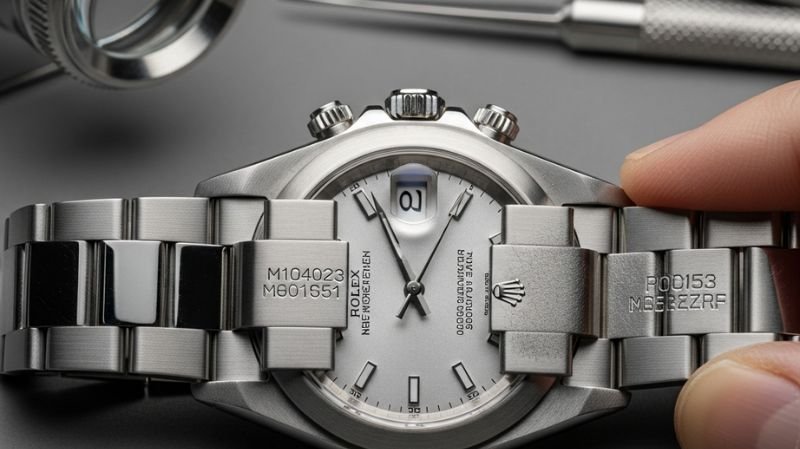 Close-up of Rolex watch serial and model number engravings on stainless steel bracelet.