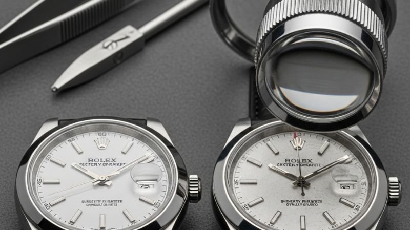 Side-by-side luxury watch dial inspection with magnifying loupe highlighting logo, text alignment, and finishing details to spot authenticity.