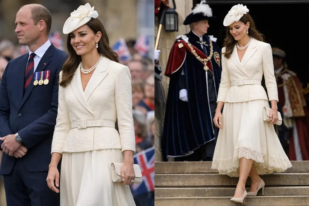 Kate Middleton Self-Portrait Dress: Style & Designer Details Kate Middleton wearing a cream Self-Portrait midi dress with pearl jewelry at a royal event.