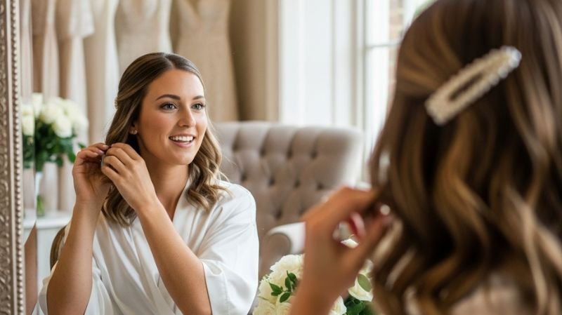 Bride with simple natural makeup and hairstyle preparing for wedding dress shopping.