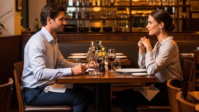 Couple wearing neat smart casual outfits dining at an upscale steakhouse showing a polished look for the Fogo de Chão dress code.
