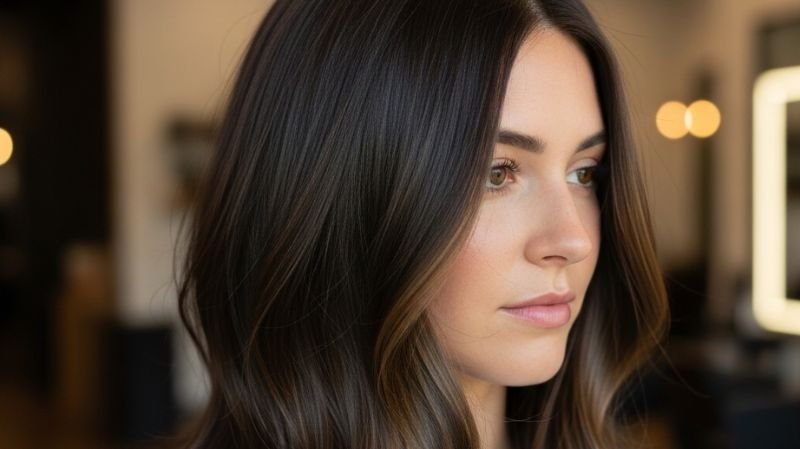 Layered Lob (Long Bob) haircut on thick shoulder-length hair with soft layers and natural volume in a modern salon setting