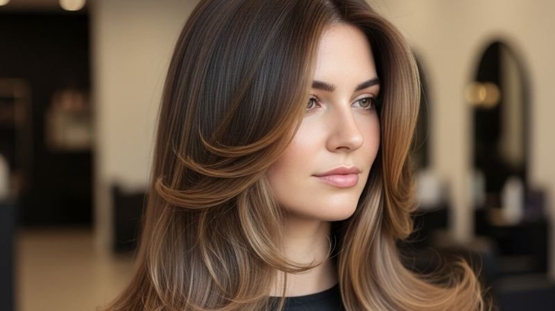 Long Layers Haircut (Best for Length Lovers) with soft blended layers and natural volume on thick hair in a modern salon setting