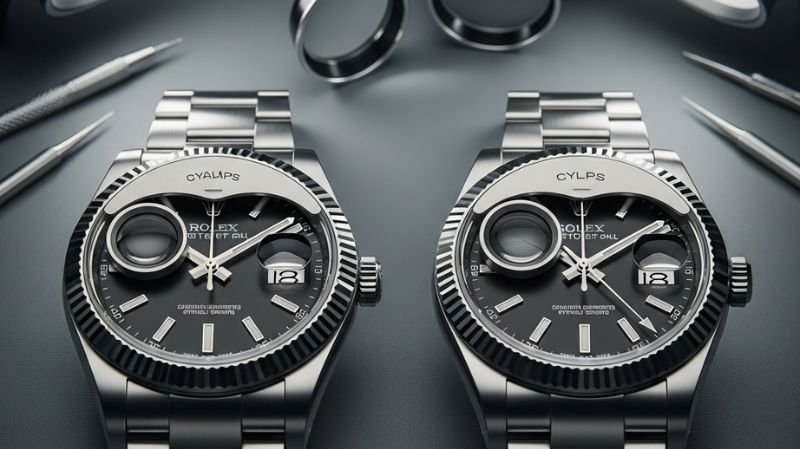 Luxury wristwatch comparison showing two stainless steel watches with cyclops date magnifier lens on the dial.