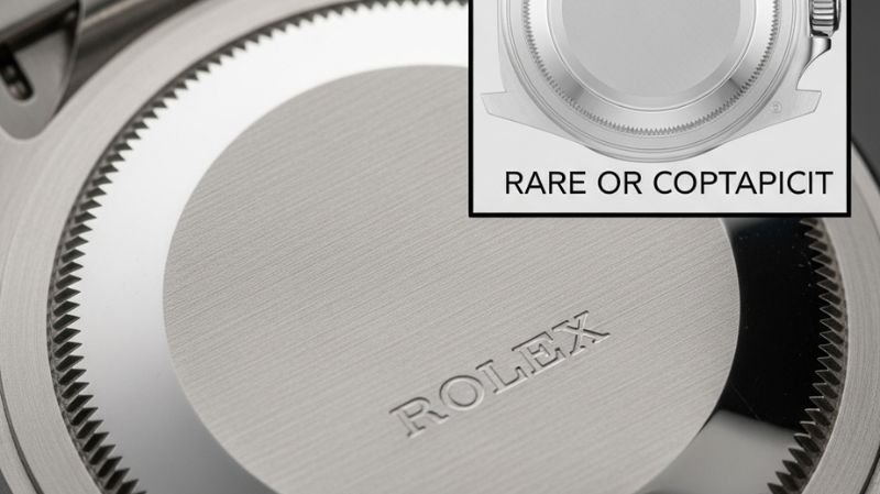 Close-up of Rolex watch caseback with engraved Rolex logo and fine brushed steel texture, showing detailed crown edge design.