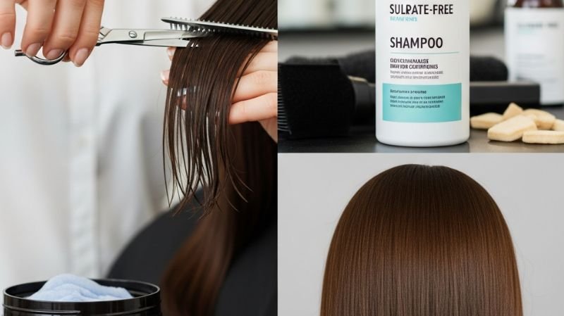 Maintenance & Hair Care Tips showing hair trimming, sulfate-free shampoo, and smooth healthy hair results