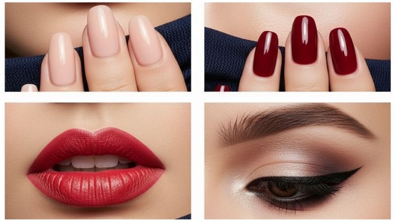 How to Accessorize a Navy Blue Dress for a Wedding (Shoes, Jewelry & More) Makeup & Nail Colors featuring nude and red nails, bold red lipstick, and soft glam eye makeup complementing navy blue outfits