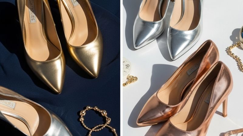 How to Accessorize a Navy Blue Dress for a Wedding (Shoes, Jewelry & More) Metallic Shoes (Top Recommendation) for styling outfits, featuring gold, silver, and bronze pointed-toe heels for a chic modern look