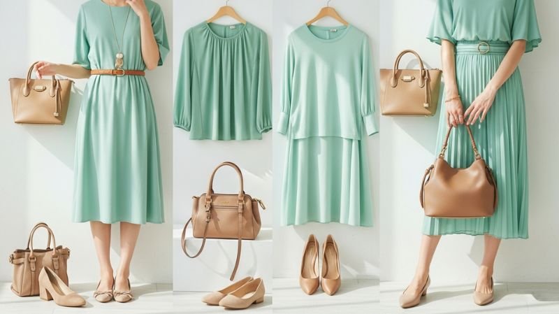 Does Green and Brown Go Together for Outfits? Mint Green and Soft Brown outfit ideas with dresses, handbags, and neutral heels for a fresh, elegant everyday style