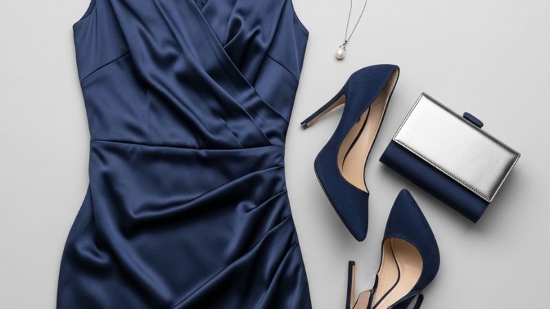 What Color Shoes to Wear With a Navy Dress? Red or Burgundy Shoes (Bold & Eye-Catching) styling concept with a navy satin dress, elegant heels, and matching accessories for a polished modern look.