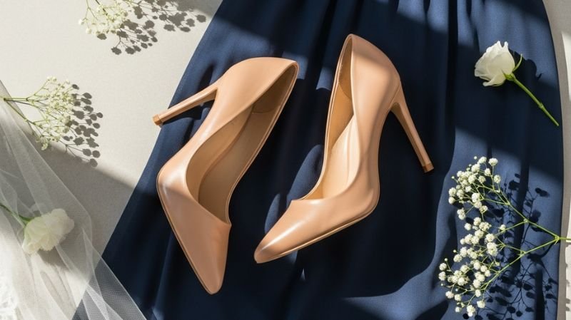 How to Accessorize a Navy Blue Dress for a Wedding (Shoes, Jewelry & More) Nude Shoes (Effortless Elegance) – classic beige high heels styled on fabric with soft lighting and floral accents