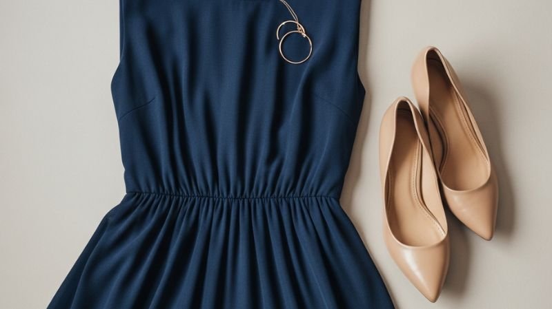 What Color Shoes to Wear With a Navy Dress? Navy blue dress paired with nude beige heels, showcasing an elegant and effortless outfit combination