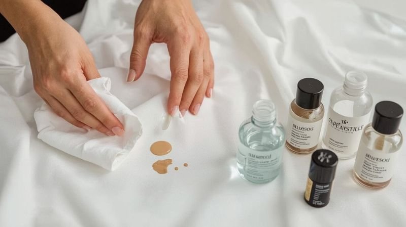 How to Get Foundation Makeup Out of Clothes? Hands cleaning liquid foundation spill from white fabric with skincare and makeup bottles nearby.