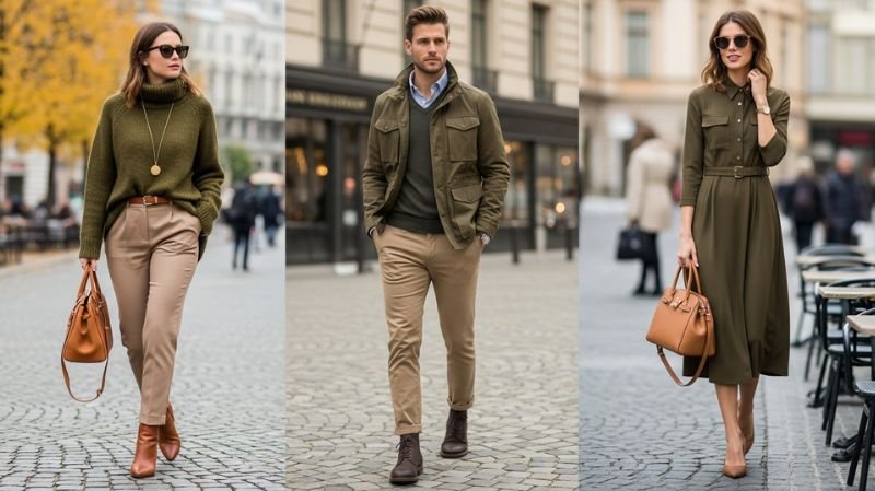 Does Green and Brown Go Together for Outfits? Olive Green and Tan outfits styled for fall, featuring chic street fashion looks with sweaters, jackets, and dresses
