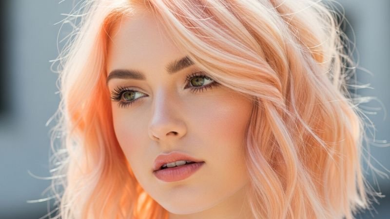 Woman with short wavy pastel peach hair, natural makeup, and soft lighting portrait