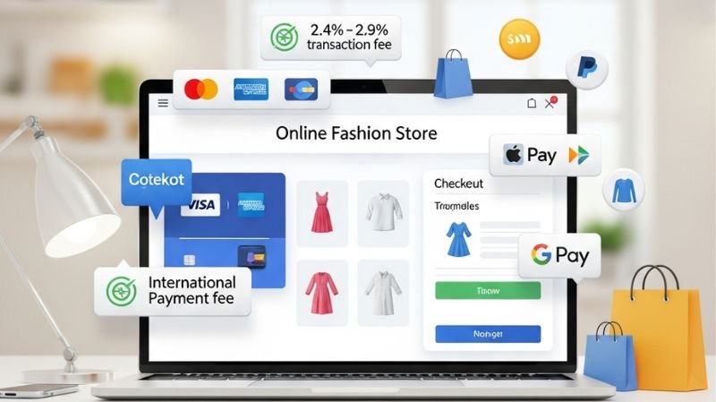 How Much Does a Shopping Cart Cost for Fashion Retailers? Online fashion store checkout showing payment gateway transaction fees and international payment charges with credit card and digital wallet options.