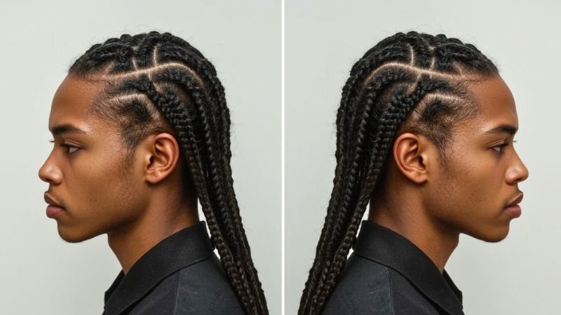 Side profile of a man with Pop Smoke style cornrows braids hairstyle.