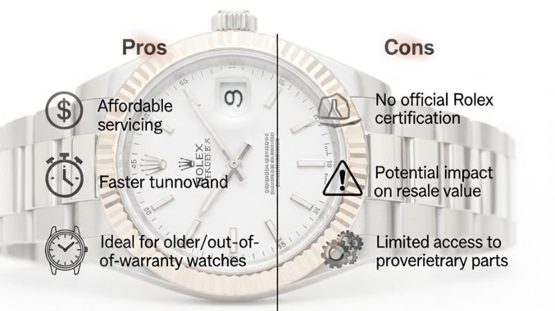 Evaluating Alexander’s Jewelers Rolex Servicing: Expert Review Rolex watch servicing pros and cons infographic showing affordable servicing, faster turnaround vs no official certification and resale impact